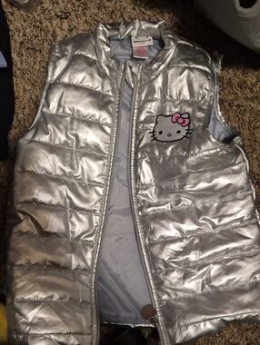 Hello Kitty Metallic Silver Puffer Vest with Pink Bow Accent